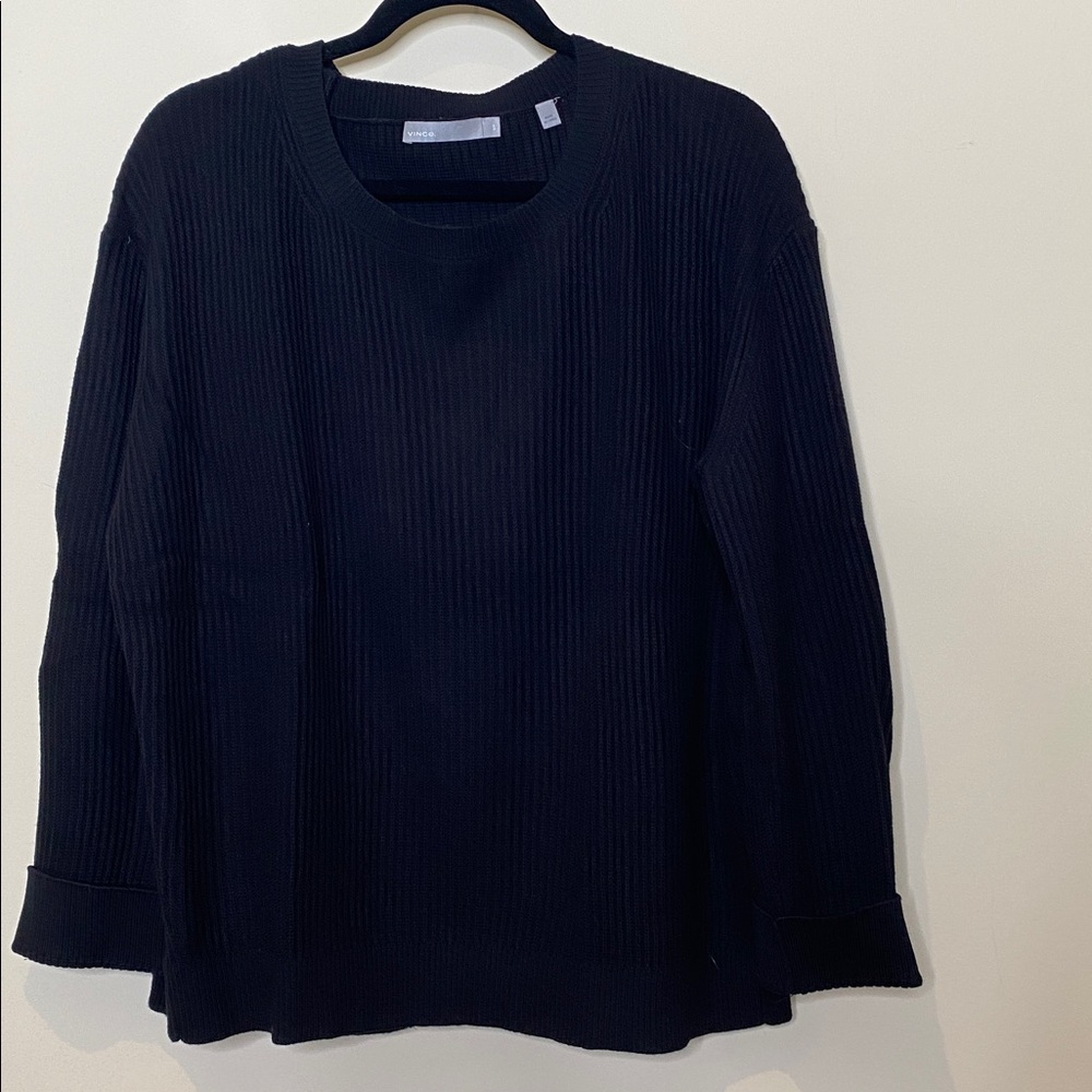 Vince black wool-cashmere blend ribbed-knit crossover tie-back sweater